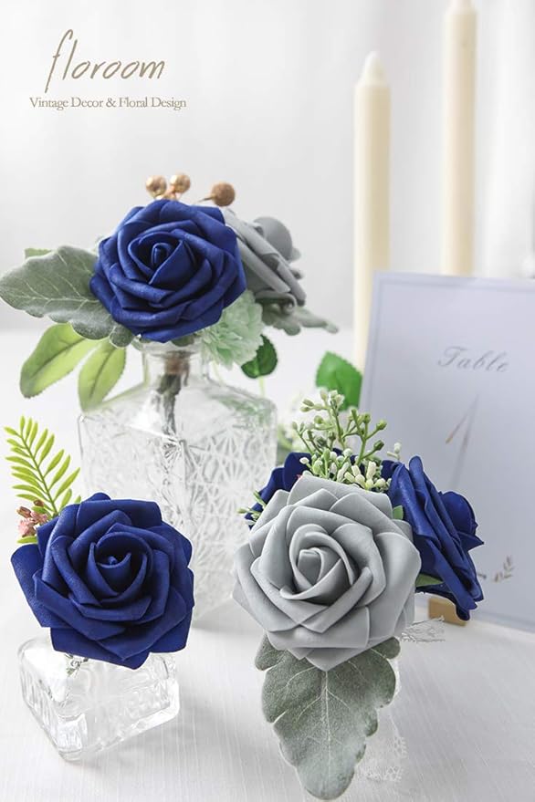 Floroom Artificial Flowers 50pcs Real Looking Silver Grey Foam Fake Roses with Stems for DIY Wedding Bouquets Bridal Shower Centerpieces Floral Arrangements Party Tables Home Decorations