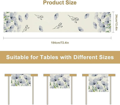 Watercolor Poppy Floral Table Runner, Abstract Seasonal Spring Summer Blue Purple Flower Kitchen Dinning Table Runner for Indoor Outdoor Home Wedding Party Holiday, 13x90 Inch