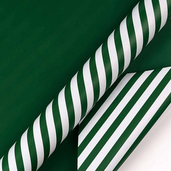 WRAPAHOLIC Reversible Wrapping Paper - Mini Roll - 17 Inch x 33 Feet - Dark Green and Stripes Design for Christmas, Birthday, Holiday, Wedding, Baby Shower