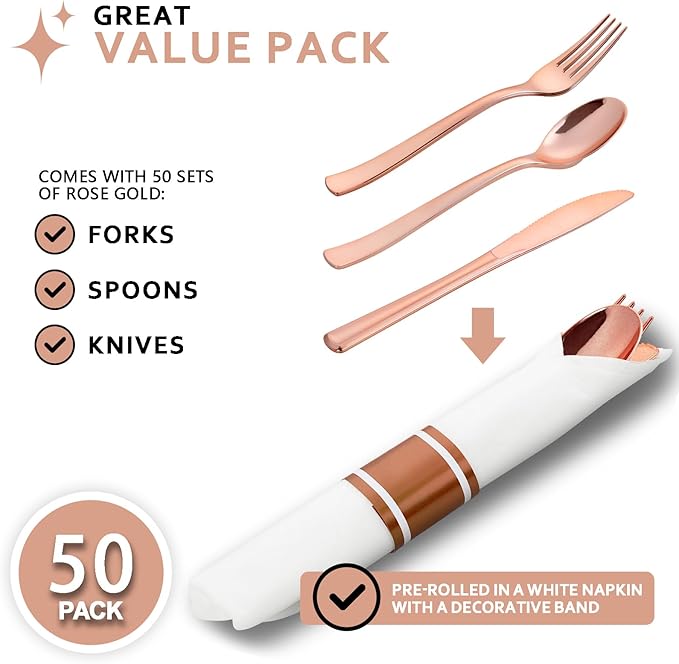 50Guests Pre Rolled Rose Gold Plastic Silverware Sets - Heavy Duty Rose Gold Cutlery - Include 50 Pack Wrapped Disposable Utensils with Napkins for Parties, Dinners & Weddings