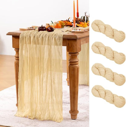 Champagne Gold Cheesecloth Table Runner 4 Pack Fall Table Runners Boho Gauze 120 Inches Champagne Cheese Cloth Fall Table Decorations for Thanksgiving Wedding Bridal Baby Shower Parties