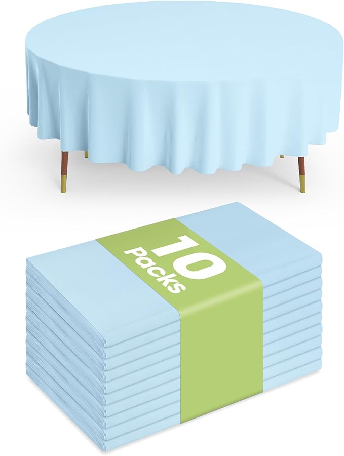 Pureegg Plastic Table Cloth Disposable 10 Pack, 84'' Round Table Cloths, Easter Party, Picnic, Wedding, Decorative Tablecloths, Round, Baby Blue Plastic Cover, Leakproof & Sturdy, Light Blue