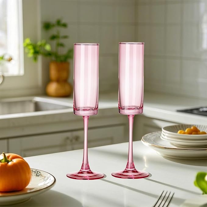 6 Pieces Pink Champagne Flutes 6 OZ Straight Sided Wine Glasses Champagne Long Stem Drinking Colored Glasses,Set of 6 Hand Blown Champagne Flutes Goblets for Wedding Cocktail Cups,Cava, Prosecco