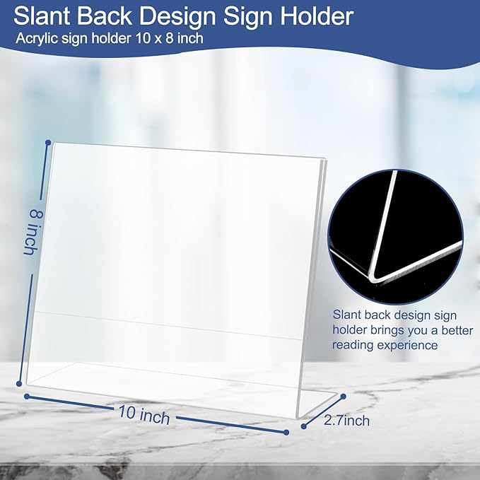 Slanted Back Acrylic Sign Holder 8 x 10 Horizontal, Acrylic Stands for Display 10 x 8, Clear Tabletop Plastic Paper Sign Holder for Office, Home, Restaurant (6 Pack 10x8 Inches)