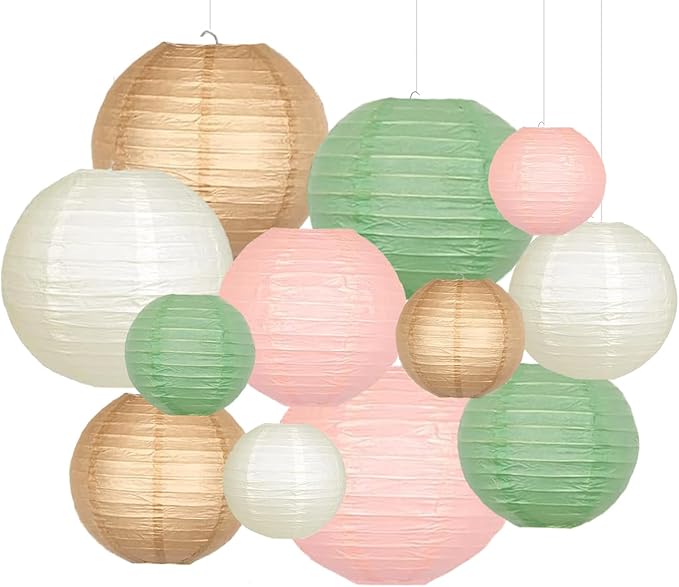 Sage Green Pink Paper Lanterns Decorative 12pcs Wedding Hanging Decorations for Bridal Shower Birthday Rustic Party Neutral Baby Shower Sage Green Home Decor