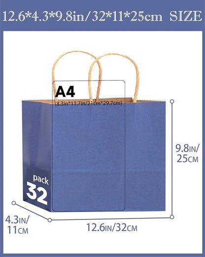 qiqee 100PCS Large Gift Bag with Handles Bulk 13"x4.5"x10" Gift Bags Kraft Deep Blue Multiple Uses (32x11x25cm,Wide Large)