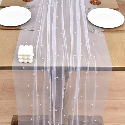 Joanlody Fall Pearl Table Runner 10ft Rustic Boho Tulle Table Runner with Pearls for Baby Shower Wedding Party Veil Dessert Thanksgiving Table Decor White