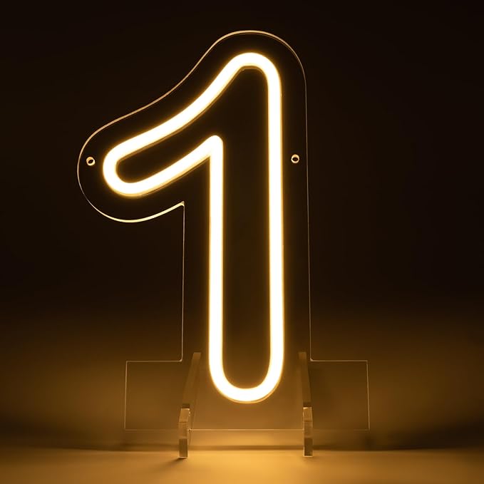Number 1 LED Neon Sign Backdrop Birthday Party Decoration, 11.3" Height Warm White Marquee Number Light Up Sign for Wedding Anniversary Window Wall Table, Indoor Battery Operated or USB