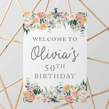 Andaz Press Personalized Extra Large Birthday Easel Board Party Sign, 12x18-inch, Peach Coral Floral Flowers Roses on White, Welcome to Olivia's 50th Birthday, 1-Pack, Custom Name Age