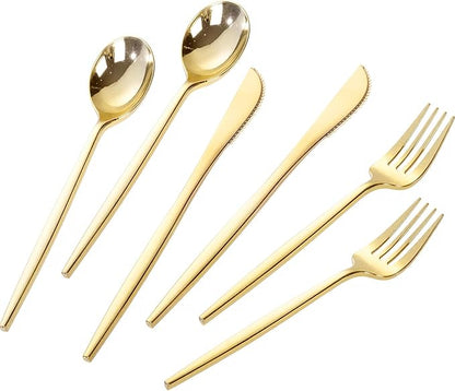 PULOTE 300PCS Gold Plastic Silverware Set Disposable - Heavy Duty Gold Utensils Set - Plastic Cutlery Disposable - Include 100 Knives, 100 Forks, 100 Spoons for Party & Wedding