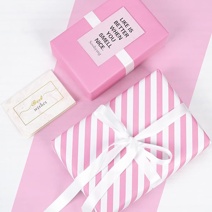 WRAPAHOLIC Reversible Wrapping Paper - Mini Roll - 17 Inch x 33 Feet - Pink and Stripes Design for Birthday, Wedding, Baby Shower, Holiday