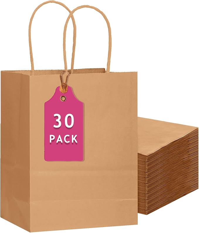 qiqee 30-Packs Brown Gift Bags with Handles Bulk 13''x5 x10 Large Size Kraft Paper Bags Multiple Uses (Large Size)