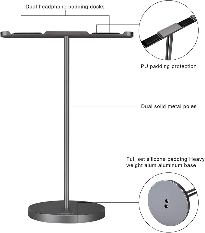 Double Headphones Stand, Aluminum Alloy Desk 3 Headsets Holder Supporting Desktop Earphone Hanger Mount Storage Rack with Heavy Base for Home and Office Display Spacegrey
