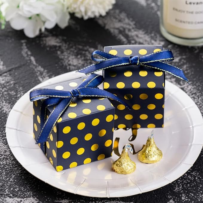 Navy Blue Gift Candy Box with Gold Dots Bulk 2x2x2 inches with Ribbon Party Favor Box for Birthday Graduation Party, Gold Dots,Pack of 50