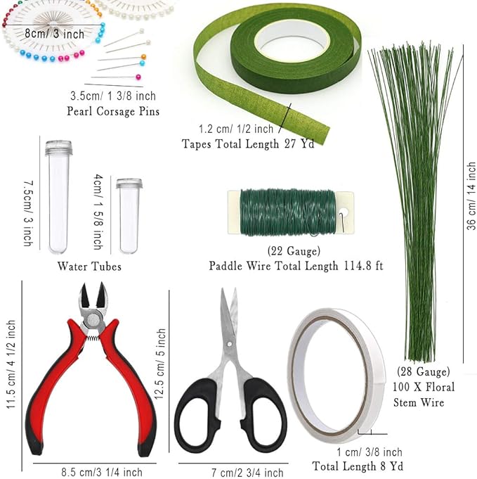 Floral Arrangement Kit,17 Pieces Flower Tools Include Floral Wire Cutter Scissor Floral Tape 22 Gauge Paddle Wire 26 Gauge Stem Wire Pearl Corsage Pin Bouquet Wrap Florist
