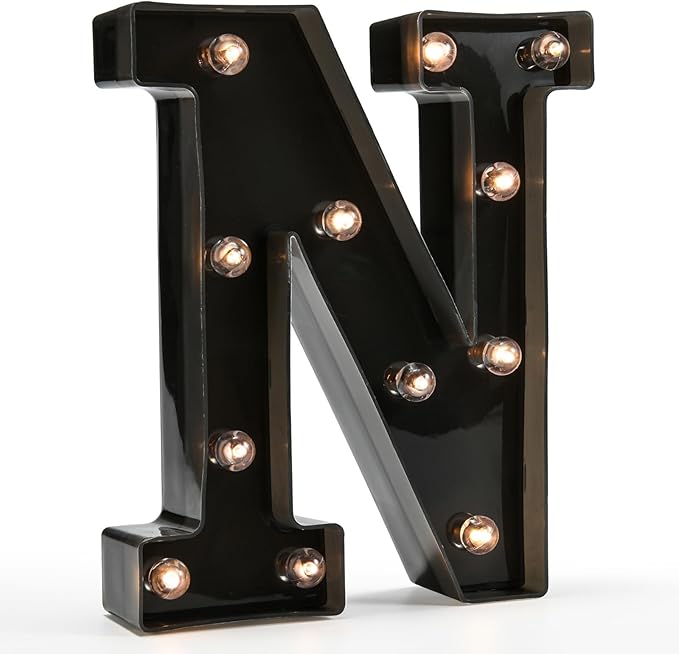 Light Up Black Alphabet Marquee Letters Sign LED Marquee Number Lights Sign for Night Light Home Bar Christmas Lamp Birthday Party Wedding Decoration N