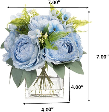 ENOVA FLORAL Artificial Flower Arrangement with Vase,Mixed Artificial Silk Peony Flower in Vase for Decoration Home Office, Wedding Centerpiece (Blue)