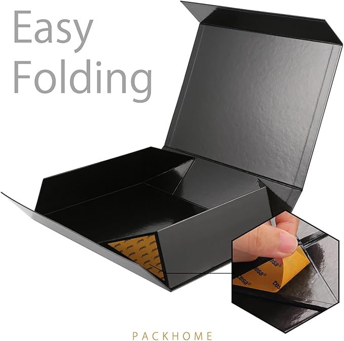 PACKHOME Large Gift Box 13.5x10x3.5 Inches, Sturdy Shirt Box with Magnetic Lid for Multiple Occasions (Glossy Black)