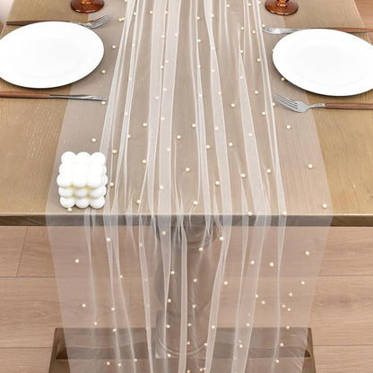 Joanlody Fall Pearl Table Runner 10ft Rustic Boho Tulle Table Runner with Pearls for Baby Shower Wedding Party Veil Dessert Thanksgiving Table Decor Champagne 4pcs