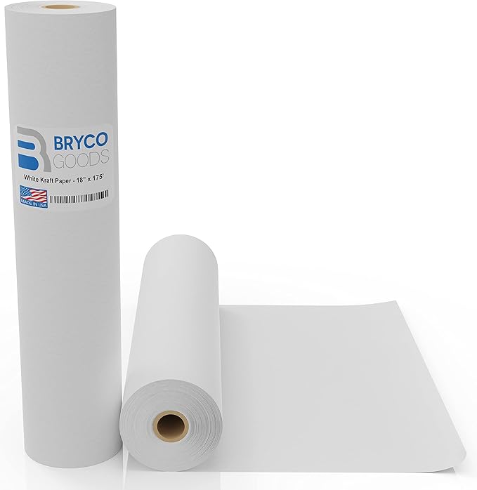 Bryco Goods 18”x2100” (175’) White Kraft Paper Roll for Painting, Drawing, Banner, Bulletin Board, Easel Paper, Floor Covering, Packaging, Shipping, Gift Wrapping, Arts & Crafts – Made in USA