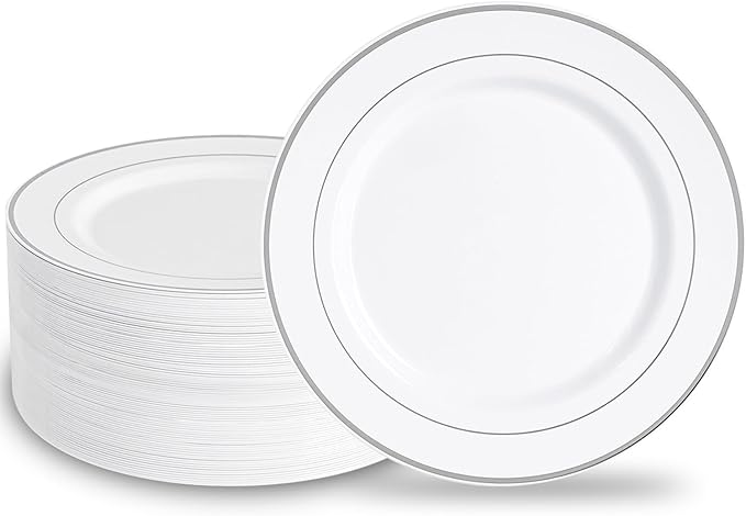 N9R 100PCS Silver Plastic Plates, 10.25 inch White Disposable Dinner Plate with Silver Rim, Heavy Duty Plates for Party, Wedding and Birthday