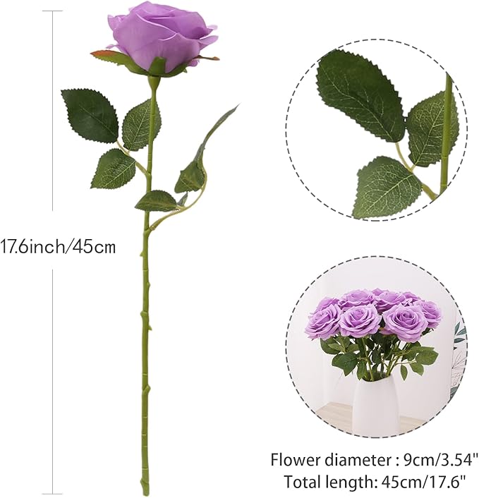 Artificial Rose 10pcs Open Flower Bouquet Faux Rose Stems for Wedding Arrangement, Bridal Bouquet, Centerpiece, Fake Faux Silk Flowers (Lilac)