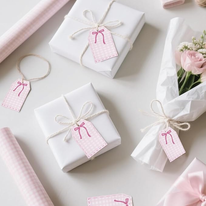 100Pcs Coquette Pink Bow Gift Tags with String Pink Buffalo Plaid Large Gift Tag with 65Ft White String Paper Gift Tag for Coquette Bow Baby Shower Birthday Bachelorette Wedding Gift Wrap Tag