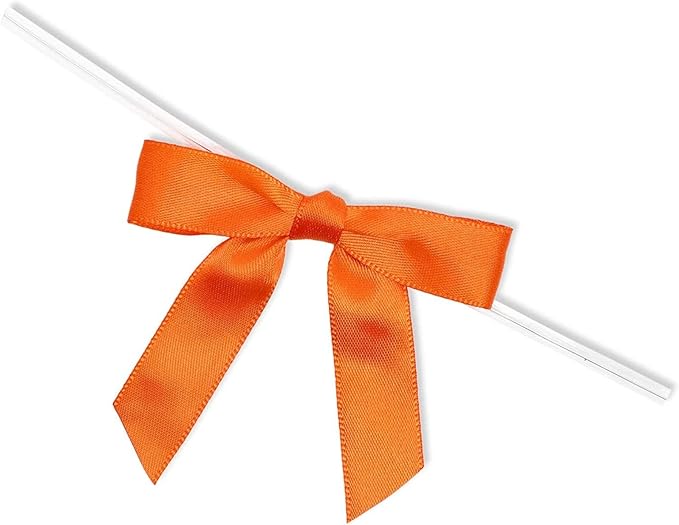 Bright Creations 100 Pack Orange Twist Tie Bows for Treat Bags - 3" Small Satin Ribbons Orange Twist Ties for Craft Decoration, Gift Wrap, Themed Party Favors, Baked Goods