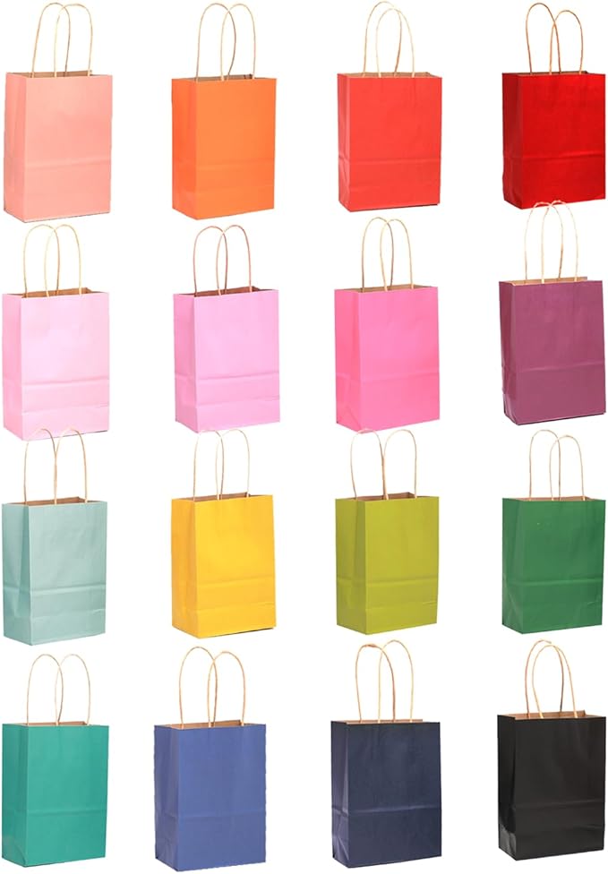 qiqee 100Pcs Mini Size Paper Gift Bags with Handles - 4.5"×2.5"×6" Kraft Small Party Bags - 16 Solid Colors