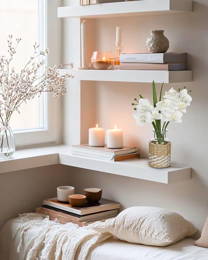 White Orchids Artificial Flowers with Vase, Small Faux Orchid Arrangement Fake Flower in Woven Glass Vase Small White Centerpieces for Kitchen Dining Room Tables Bathroom Nightstand Decor