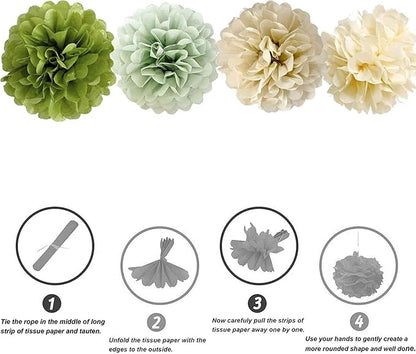 We Moment Olive Sage Green Cream Ivory Tan Tissue Paper Pom Poms Party Decorations for Neutral Baby Shower Boho Wedding Birthday Wild Safari Greenery Party Décor 12pcs 4 Colors
