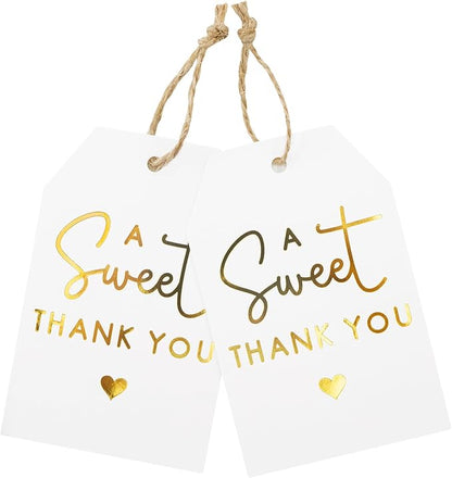 A Sweet Thank You Tags, joycraft 50Pcs Gold Thank You Gift Tags with String, 3x2 in White Kraft Paper Gift Tags, Sweet Thank You Tags for Wedding, Baby Shower, Birthday, Anniversary, Gift Wrap