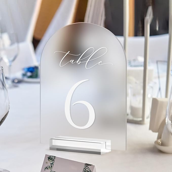 JINMURY Frosted Arch Table Numbers for Wedding, 5x7 Inch Acrylic Table Numbers 1-30 with Stands, Frosted Acrylic Arch Tabletop Sign with Holder for Centerpiece, Reception, Wedding, Party, Event