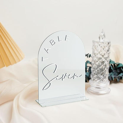 JINMURY Sliver Arch Wedding Table Numbers 1-20 with Stands, 5x7 Inch Acrylic Arch Sign with White Lettering, Sliver Mirror Acrylic Table Numbers for Wedding Reception