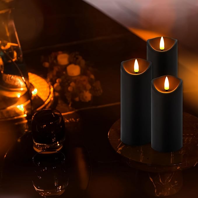 24 Pack Halloween Decoration Flickering Flameless Candles, Battery Operated LED Pillar Candles with Remote Control and Timer.for Home Decor (D2.2 xH 5" 6" 7" Black)