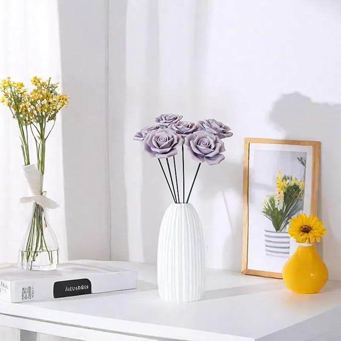 6 pcs Handmade Ceramic Roses,Featuring Vibrant Colors and Intricate Petal Details Floral Decorations Wedding Decoration Christmas Decor Gift Providing Long-Lasting Beauty (Purple)