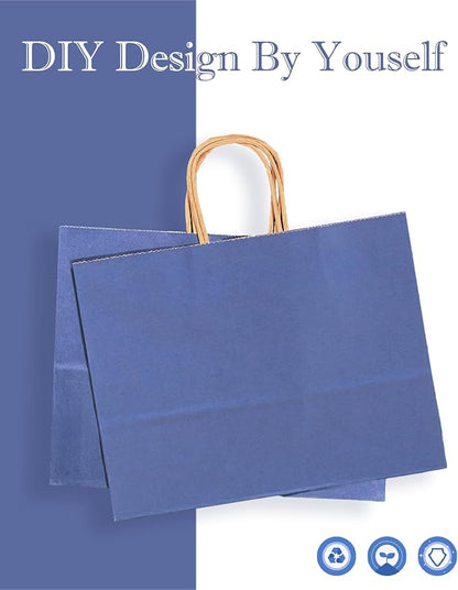 qiqee 100PCS Large Gift Bag with Handles Bulk 13"x4.5"x10" Gift Bags Kraft Deep Blue Multiple Uses (32x11x25cm,Wide Large)