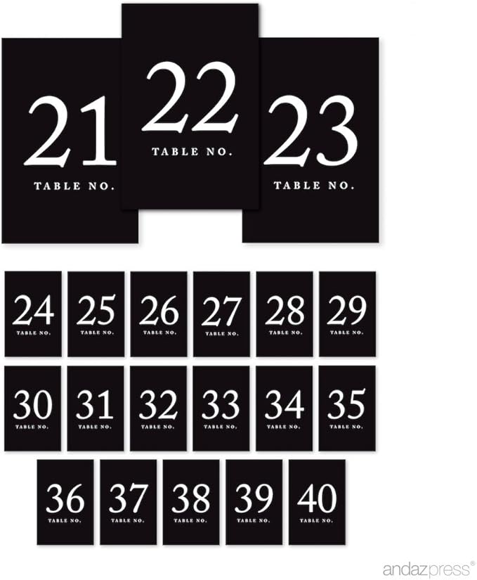 Andaz Press Black 4x6-Inch Minimalist Table Numbers 21-40, 20 Count, Paper, Tabletop Mount, Perfect for Weddings & Events