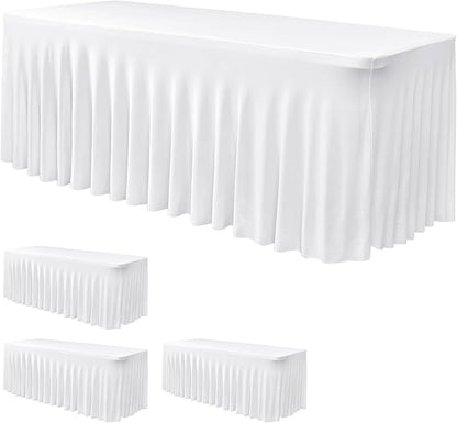 Nasitos White Table Skirt for 8 Foot Rectangle Tables, 4 Pack - 96 x 30 Inch - Stretch Spandex Fitted Table Clothes, Fabric Table Covers Cocktail Tablecloths for Party, Banquet, Birthday