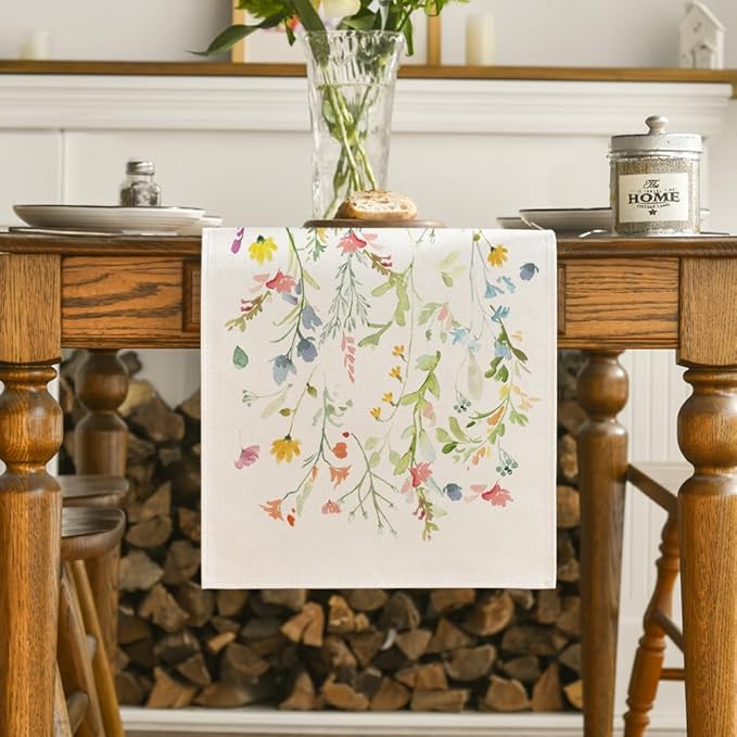 Artoid Mode Wildflowers Bloom Flowers Spring Table Runner, Seasonal Summer Floral Kitchen Dining Table Decoration for Home Party Decor 13x48 Inch
