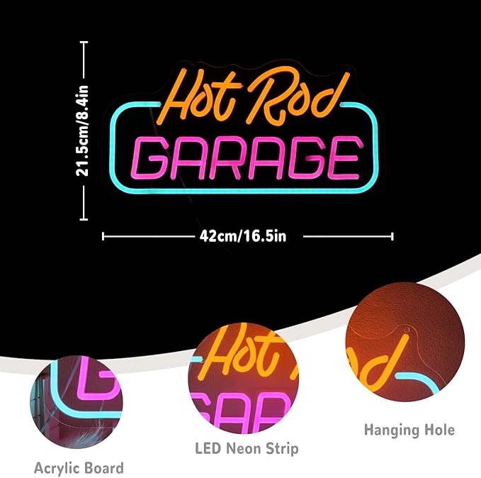 Hot Rod Garage Neon Sign for Wall Decor Garage Neon Light Parking LED Neon Sign Colorful Led Neon Light for Garage Man Cave Mall Decoration