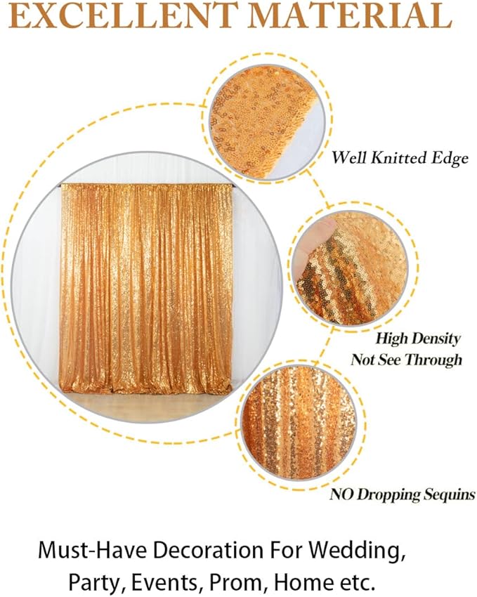 ShinyBeauty Gold Sequin Backdrop Curtain | 2 Panels 5FTx10FT Glitter Wedding Photography Background | Elegant Shimmer Curtains for Parties & Events Fabric Backdrops