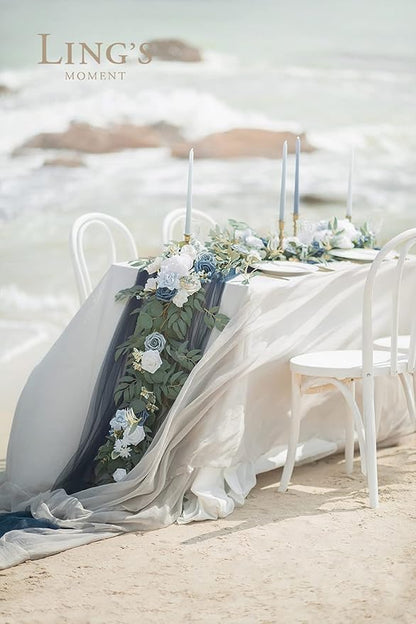 Ling's Moment Flower Garland - 6FT Eucalyptus & Rose - Sweetheart Table Decor for Wedding Reception, Artificial Arch Floral Garland for Mantle, Christmas, Beach Decoration, Dusty Blue & White