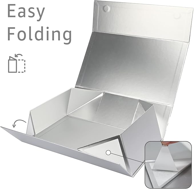 LIFELUM Gift Boxes with Lids,1 Pack 13.85 x 8.35 x 4.45 inch Silver Gift Boxes with Ribbon, Card, Shredded Paper Filler Gift Boxes for Presents,Graduation,Christmas,Birthdays