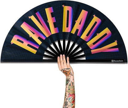 UV Glow Rave Fan, Bamboo Folding Clack Hand Fans Foldable for Men Women, Boots on the Ground Poping Fan for EDM Festival Line Dance Decoration, (Rave Daddy, Large 13")