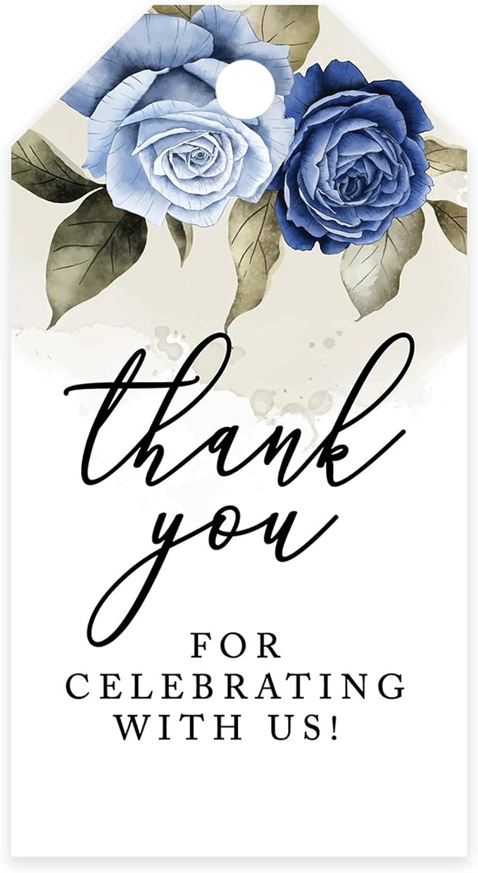 Andaz Press 100-Pack Thank You For Celebrating With Us Favor Tags Icy Blue Roses Cardstock Gift Tags with Bakers Twine for Wedding Baby Shower Bridal Shower Birthday Party Favors 2 x 3.75-Inches