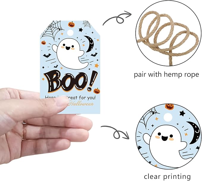 Aukolass 50Pcs Boo Gift Tags, Halloween Treat Tag for Spooky Boy Ghost Party Favor and Gift Wrapping Decoration (Blue Boo)
