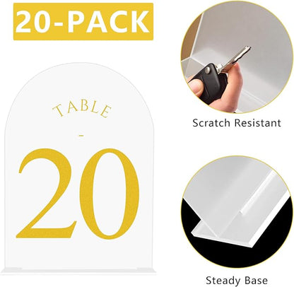 JOYIT Frosted Arch Wedding Table Numbers 1-20 with Stands – 5" X 7" Acrylic Gold Table Number Holders, Perfect for Wedding Receptions, Parties, Anniversaries, and Events