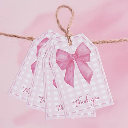 100Pcs Pink Bow Gift Tags with String Pink Buffalo Plaid Large Gift Tags with 65Ft White String Cute Thank You White Paper Tag for Coquette Birthday Baby Shower Wedding Gift Wrap Tag
