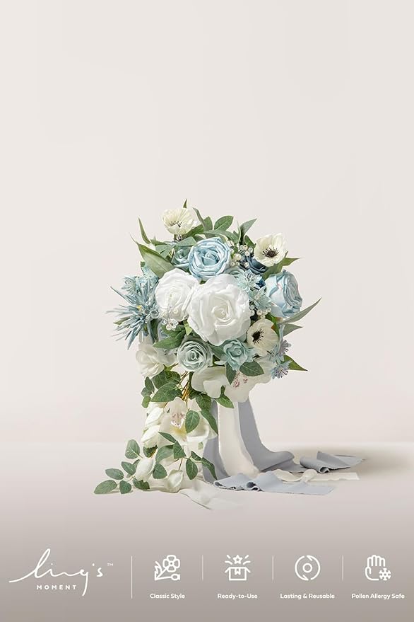 Ling's moment Dusty Blue Bridal Bouquet Cascading, Wedding Bouquets for Bride, 15 Inch Bride Bouquets for Wedding Artificial Flowers Bouquets
